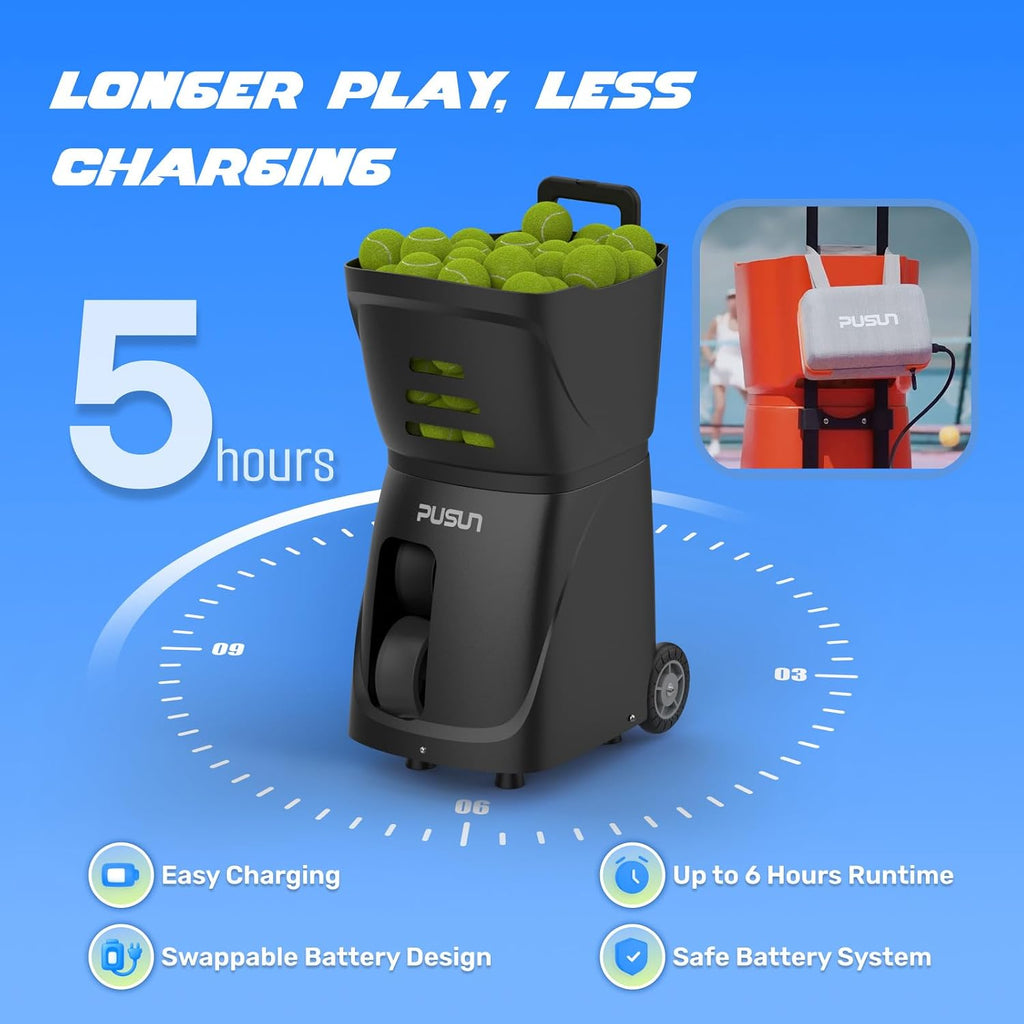 PUSUN｜PT-Smart Tennis Ball Machine: App Control with 12 Built-in Training Modes,6-Level Spin,28-Pt,75 MPH,32.6 lbs,100+ Ball,5H Battery, Portable, for Tennis/Padel,Training, Practice,Beginners to Pros