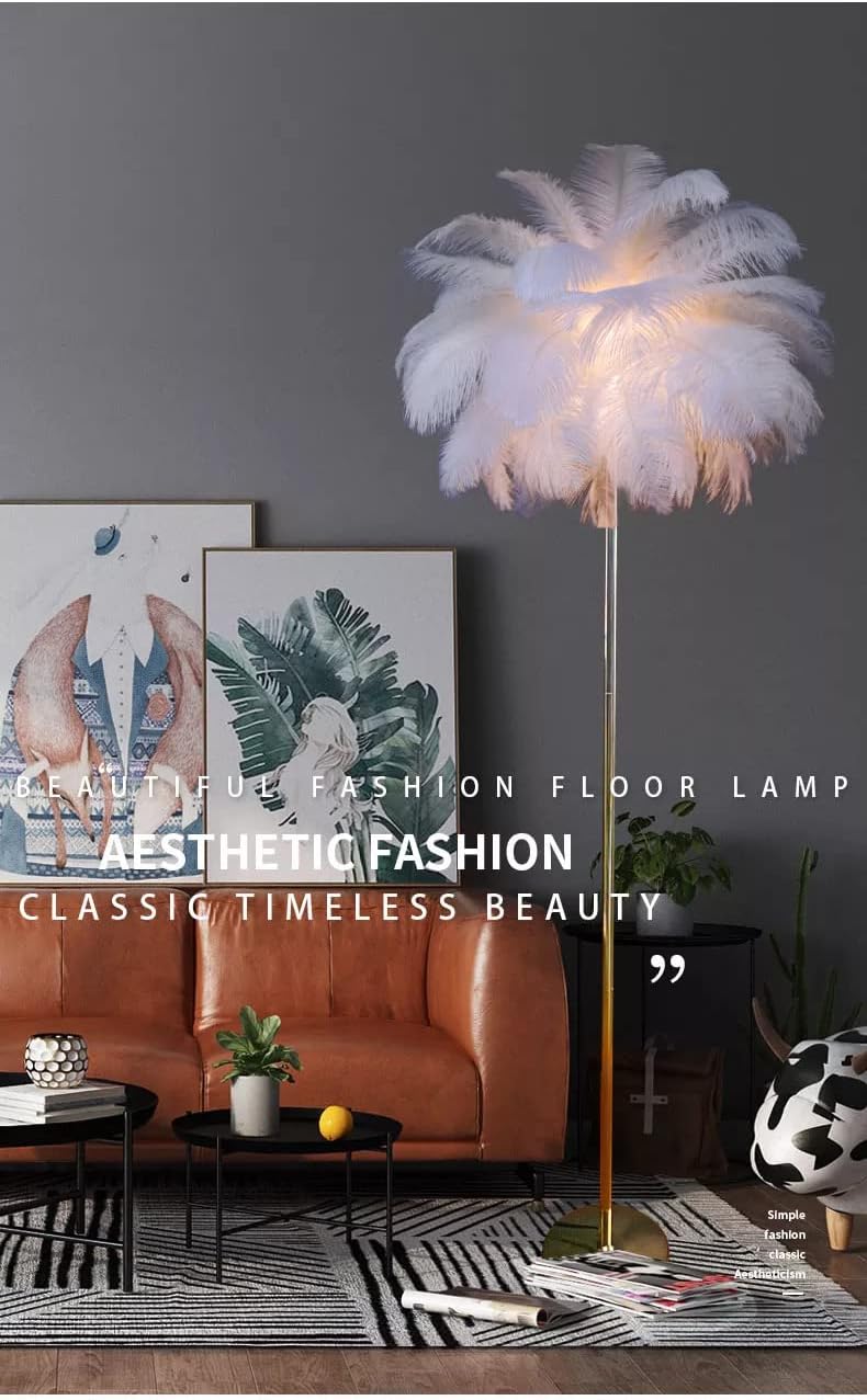 ZYLEISENBAO Chic White Feather Lamp Nordic Ostrich Floor Lamp Girl Furry Standing Lamp 3*G9 Modern Princess Bedside Reading Lamp for Bedroom Living Room Entry Wedding Birthday Gift