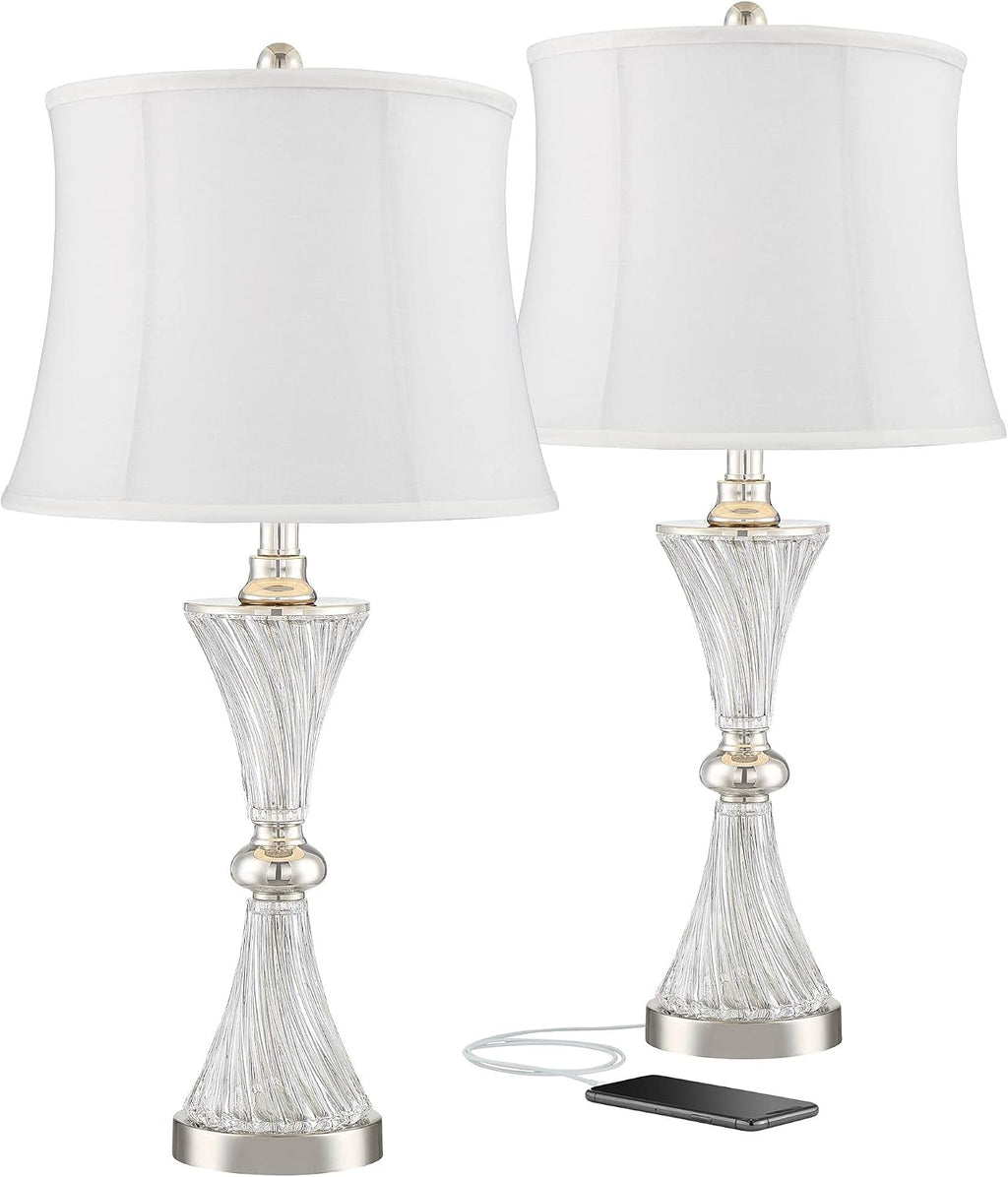 Regency Hill Luca Modern Glam Luxury Table Lamps 25.5' High Set of 2 with USB Port Clear Glass Chrome Cream Fabric Drum Shade Decor for Living Room Bedroom House Bedside Nightstand Home