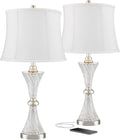 Regency Hill Luca Modern Glam Luxury Table Lamps 25.5' High Set of 2 with USB Port Clear Glass Chrome Cream Fabric Drum Shade Decor for Living Room Bedroom House Bedside Nightstand Home