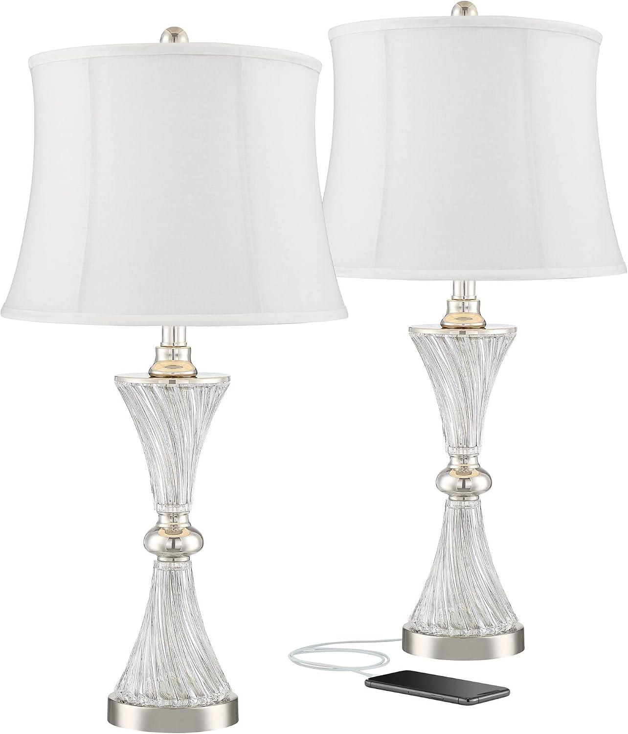 Regency Hill Luca Modern Glam Luxury Table Lamps 25.5' High Set of 2 with USB Port Clear Glass Chrome Cream Fabric Drum Shade Decor for Living Room Bedroom House Bedside Nightstand Home