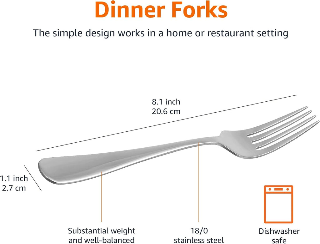 Amazon Basics Stainless Steel Dinner Forks with Round Edge, 10 Pack of 12, 120 count total, Silver