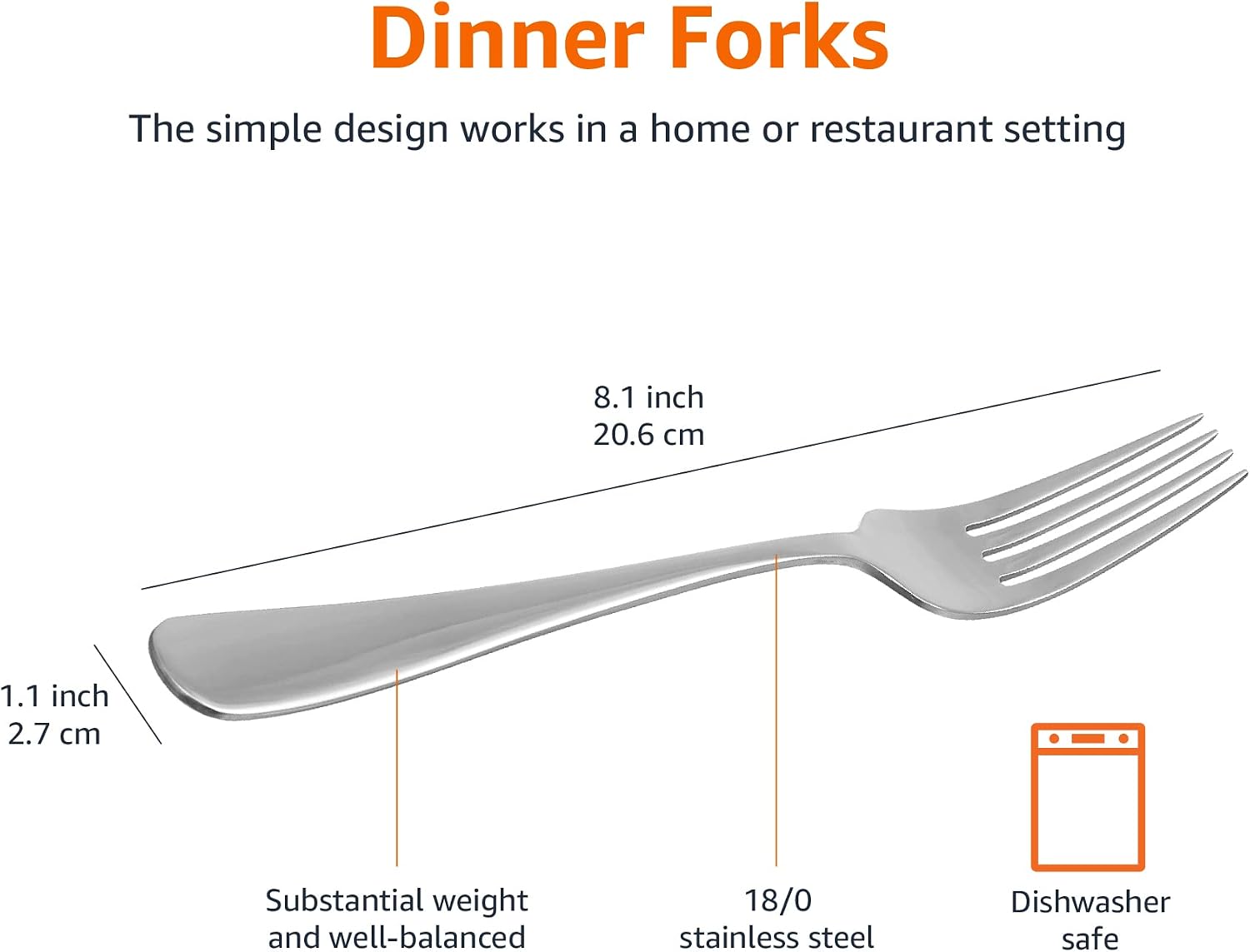 Amazon Basics Stainless Steel Dinner Forks with Round Edge, 10 Pack of 12, 120 count total, Silver