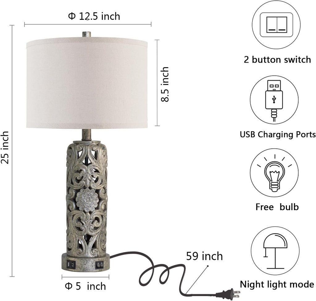 25'' Set of 2 Industrial Table Lamps for Living Room with Dual USB Ports, Vintage Resin Nightstand Lamp for Bedroom with Nightlight, Antique Rustic Desk Lamp for Entryway, 2 Bulbs Included