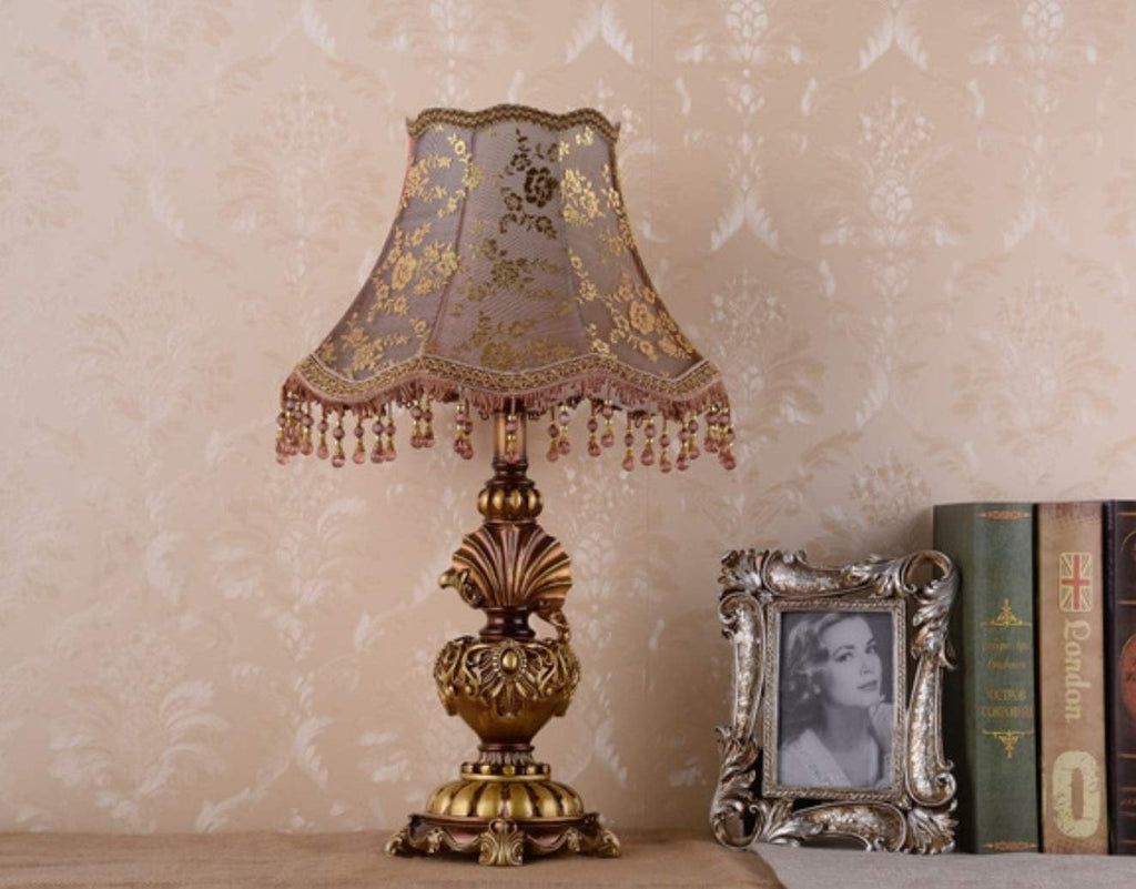 Victorian Style Table Lamp Handmade Traditional Brown Gold Lace Fabric Bedside Lamp Antique Painted Resin Base Desk Lamp for Bedroom Living Room Office, 13' W, 21.6' H. (A1)