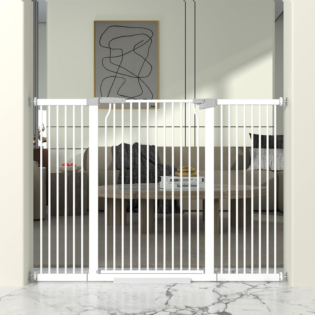 41' Extra Tall Cat Gate for Doorway, 54.8-57.4'' Metal Pet Baby Safe Gate, Extra Wide Pressure Mounted Child Door with Expansion Kit, No Drilling Cat Fence Indoor, No Climb Baby Proof Gate, White