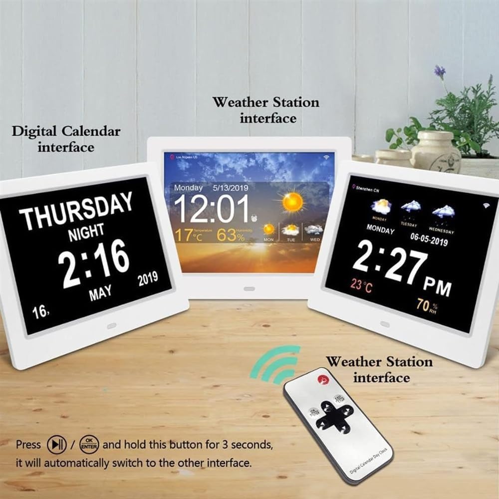 Dementia Clock,Remote Con Digital Calendar Day Alarm Clock,8 Alarms Dementia Clocks Extra Large Non-Abbreviated Alzheimer Memory Loss Vision Impaired Alarm Clock for Seniors Elderly ( Color : Black ,
