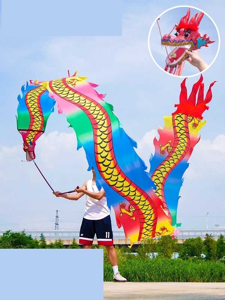 Chinese Dragon Costume 8m/26ft Dragon Dance Outdoor Dragon Ribbon Streamer Costume Outdoor Sports Performance Props Lion Dance Costume(A)