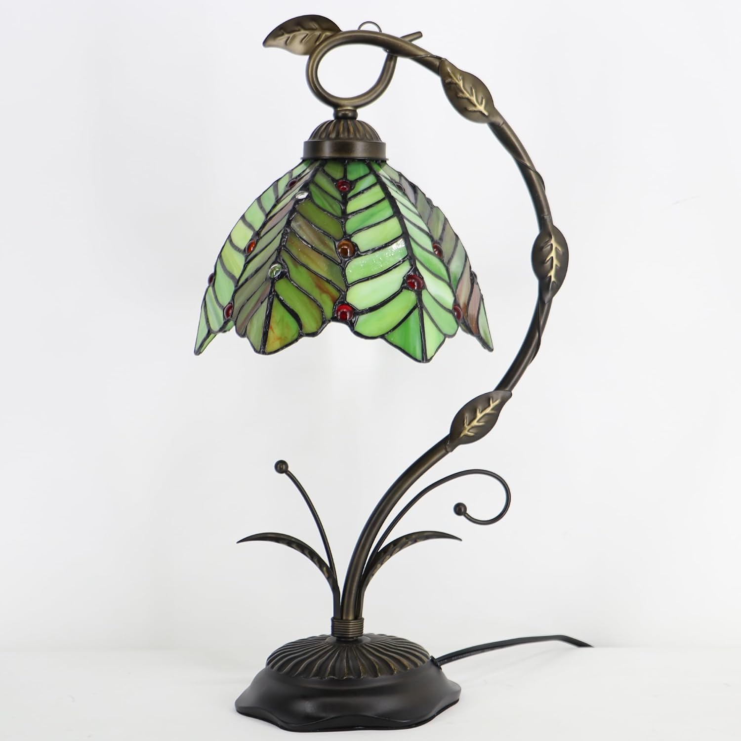 Tiffany Table Lamp, Stained Glass Desk Reading Light, 8X10X19 Inches, Metal Leaf Base (Brown Green Leaf)