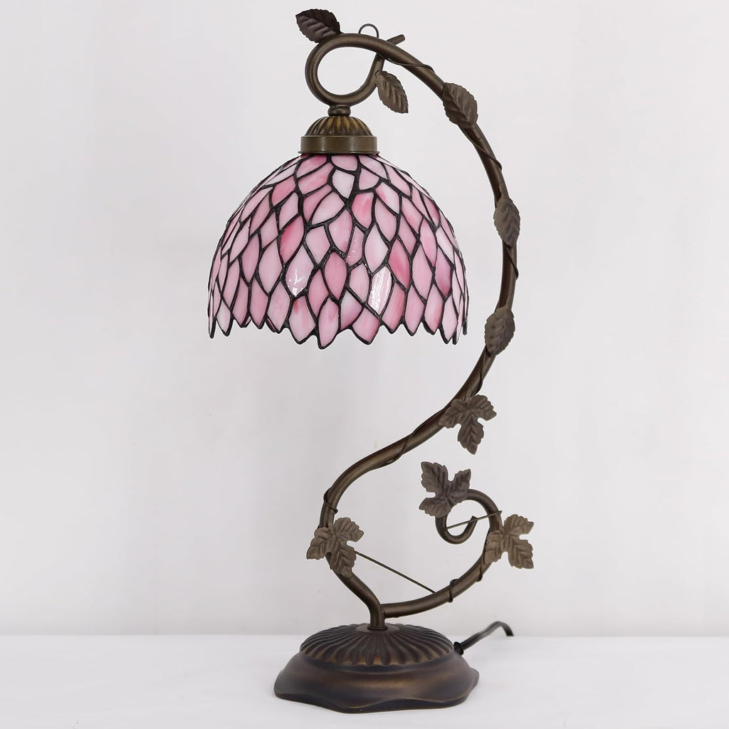 WERFACTORY Tiffany Lamp Pink Wisteria Style Stained Glass Table Desk Reading Light, Metal Leaf Base 8X10X21 Inches Decor Small Space Bedroom Home Office S523P Series