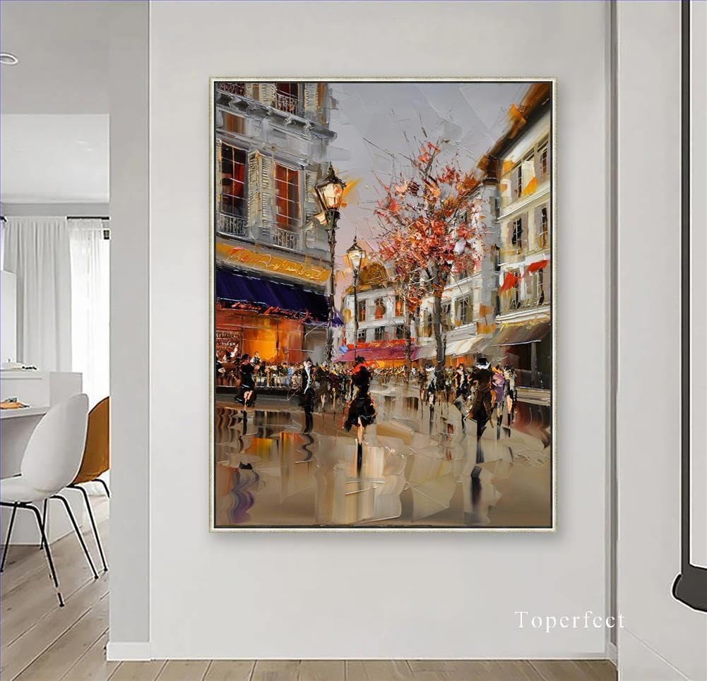 24 Modern Contemporary Cityscape Oil Painting - Art on Canvas Featuring Pink Blossoming Trees, Urban Streets, and Stylish Girls. Handmade European Artwork by College Teachers, Perfect for Home decor
