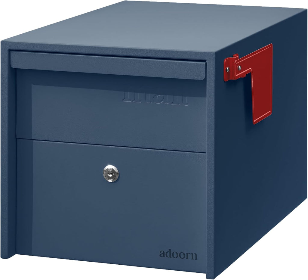 Adoorn Lockable Post Mount Mailboxes for Outside - Small Anti-Theft Locking Mailbox for Packages and Letters - Weatherproof Construction - Durable Steel - 12' H x 12' W x 18.5' D - Navy