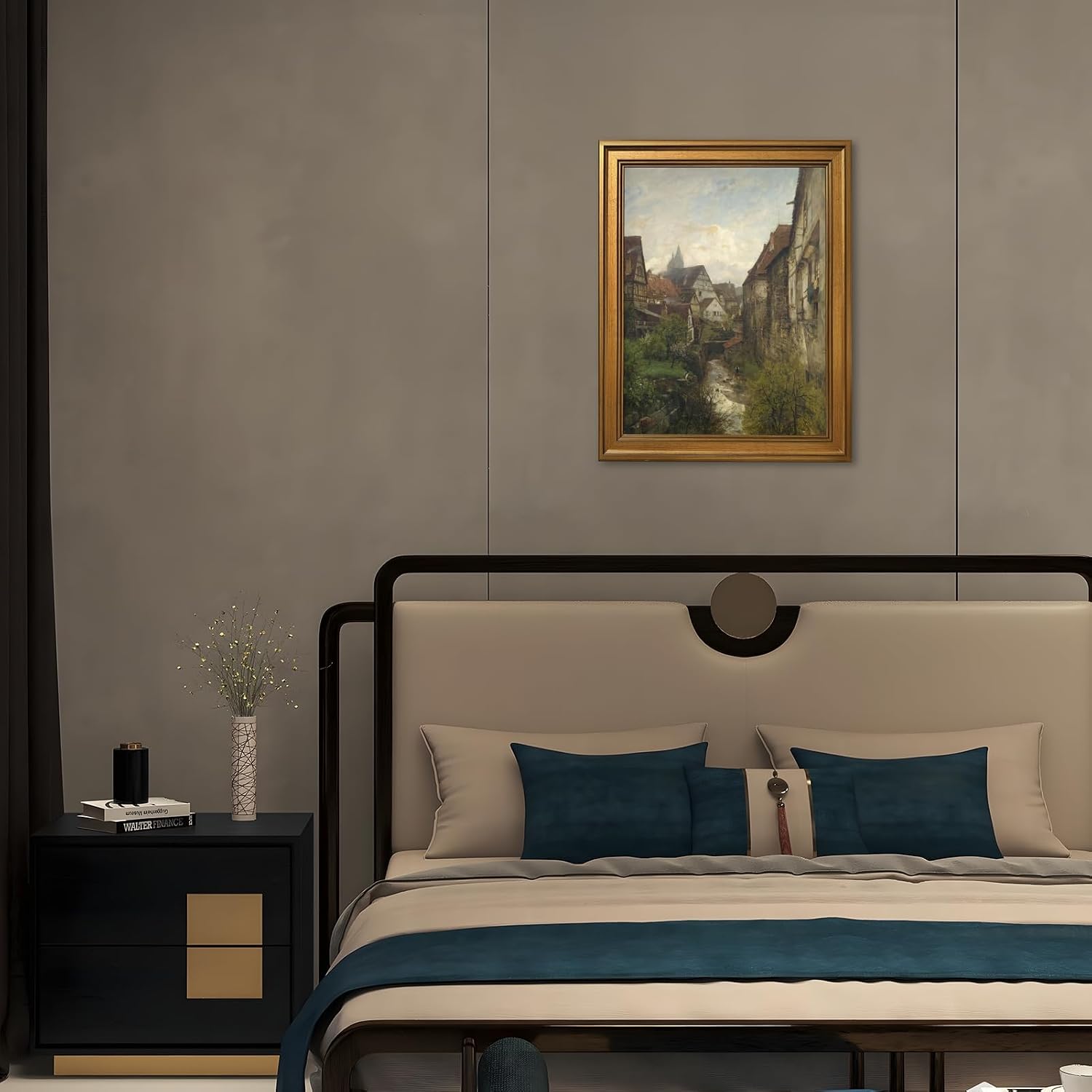 Framed Section in The Old Town of Esslingen Canvas Print Vintage European Village Landscape Wall Art Rustic Alley Painting Neutral Countryside Picture Artwork for Living Room Bedroom Decor 24x36inch