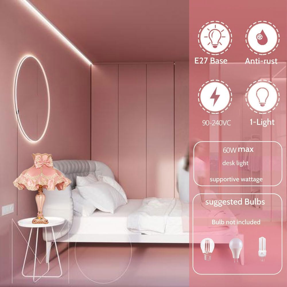 European Style Pink Table Lamp Lace Bow Fabric Drum Shade and Antique Resin Base Decor Classic Bedside Desk Nightstand Lamp for Girl's Bedroom Living Room