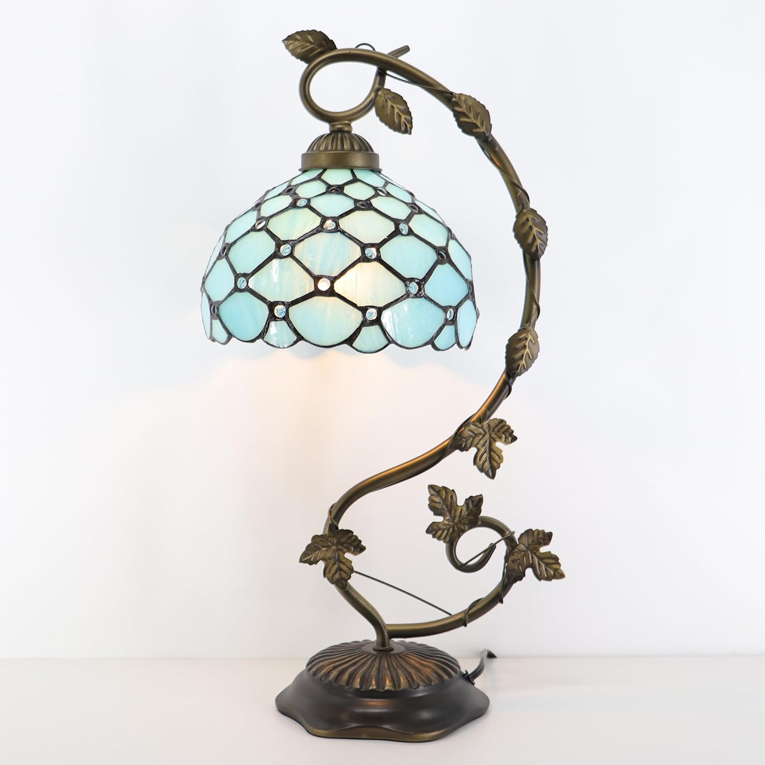 Tiffany Table Lamp, Stained Glass Desk Reading Light,Metal Leaf Table Lamp Base 8X10X21 Inches (Sea Blue Beads)