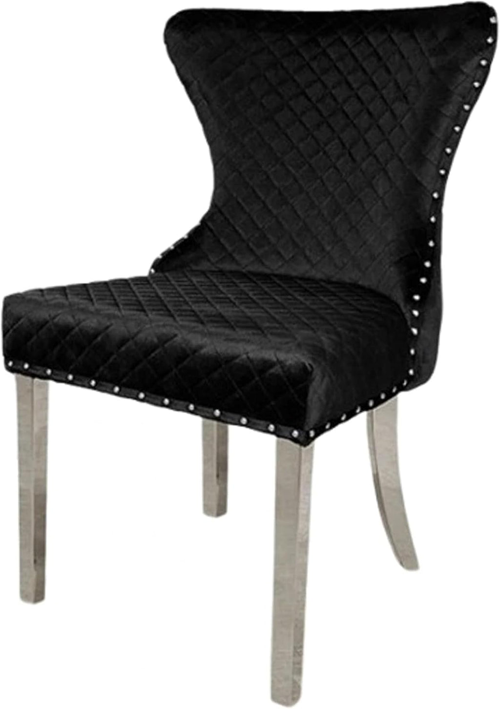 Anova Side Dining Chair Set of 2, Rivet Trim, Silver Stainless Steel, Black Fabric