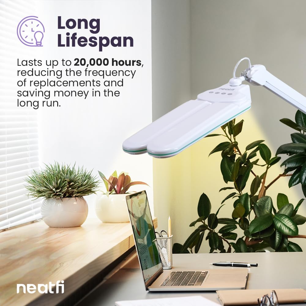 Neatfi Elite HD XL LED Desk Lamp | 3 Light Modes | Non-Polar Dimming | Eye-Caring Desk Light for Home Office, Drafting, Beauty Shop, Workbench (Blue Ring, CCT with Clamp)