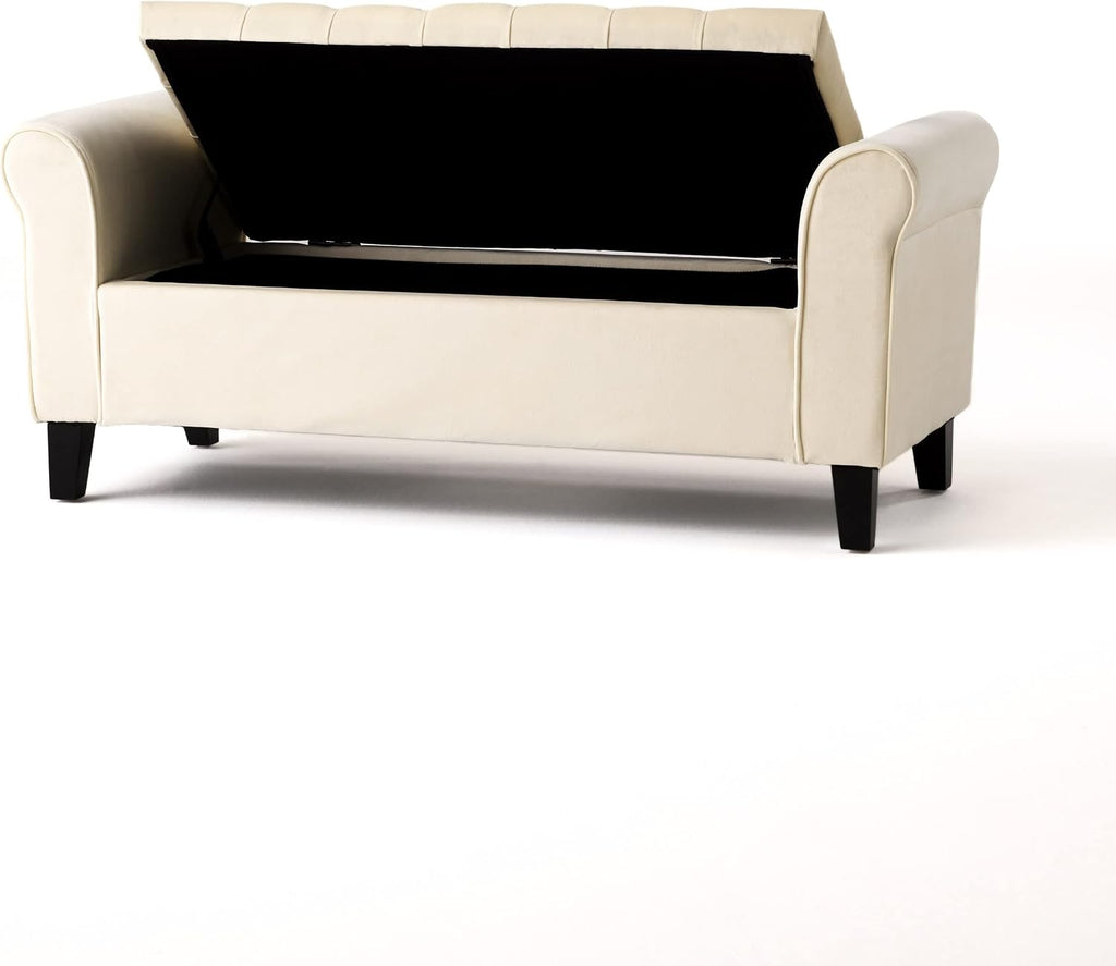 Upholstered Storage Bench, 50-inch Ivory Fabric with Rivet-Trimmed Armrests and Black Legs Bedroom Upholstered Window Seat Bench Storage Bench Suitable for Living Rooms, Bedrooms, and Entryways