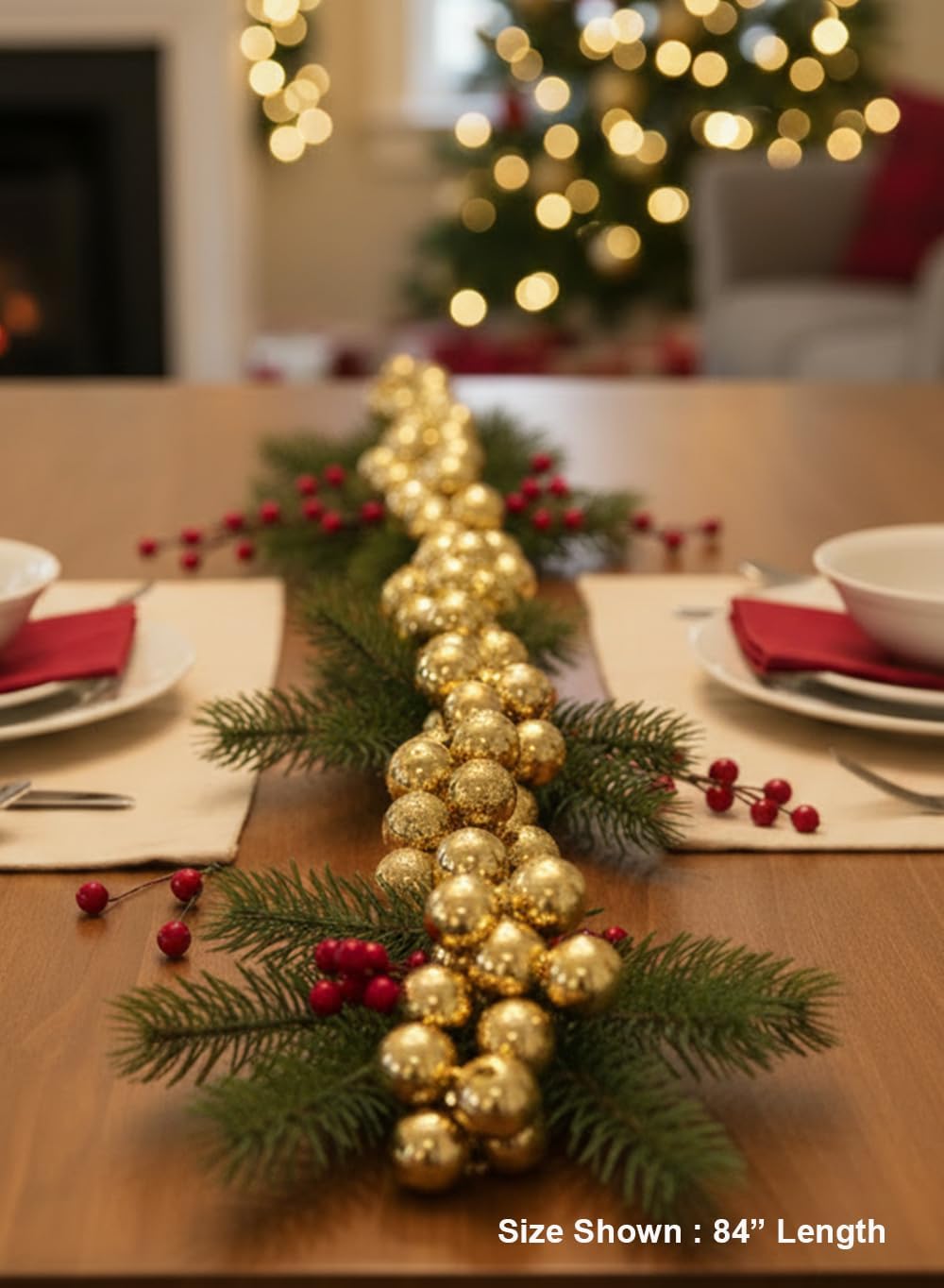 Serene Spaces Living Gold Plastic Bauble Garland, Christmas Tree, Mantel, Banister, Doorway & Holiday Party Décor, 84' Long