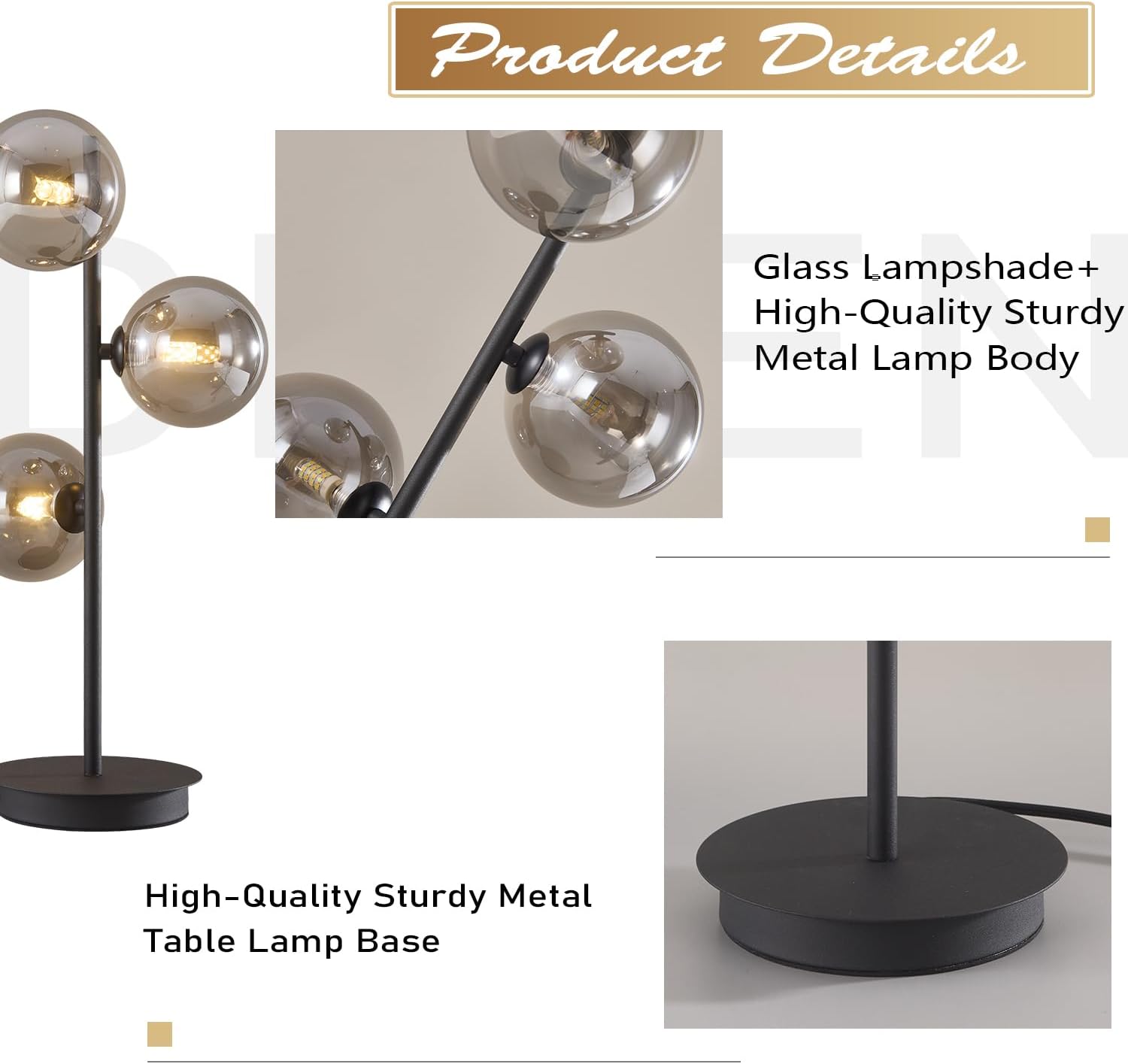 Mid Century Modern Table Lamp Smoky Grey Glass Globe Desk Lamp Industrial Vintage Bedside Table Light Contemporary Minimalist Metal Nightstand Reading Lamp Retro Table Lamp MTL03-SG