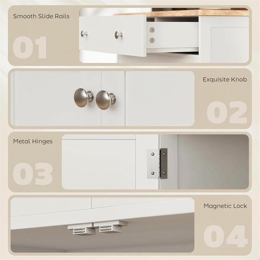 HOMCOM Sideboard Buffet Cabinet with Solid Wood Countertop, Modern Kitchen Storage Cabinet, Coffee Bar Cabinet with 2 Drawers, Doors and Adjustable Shelf, White