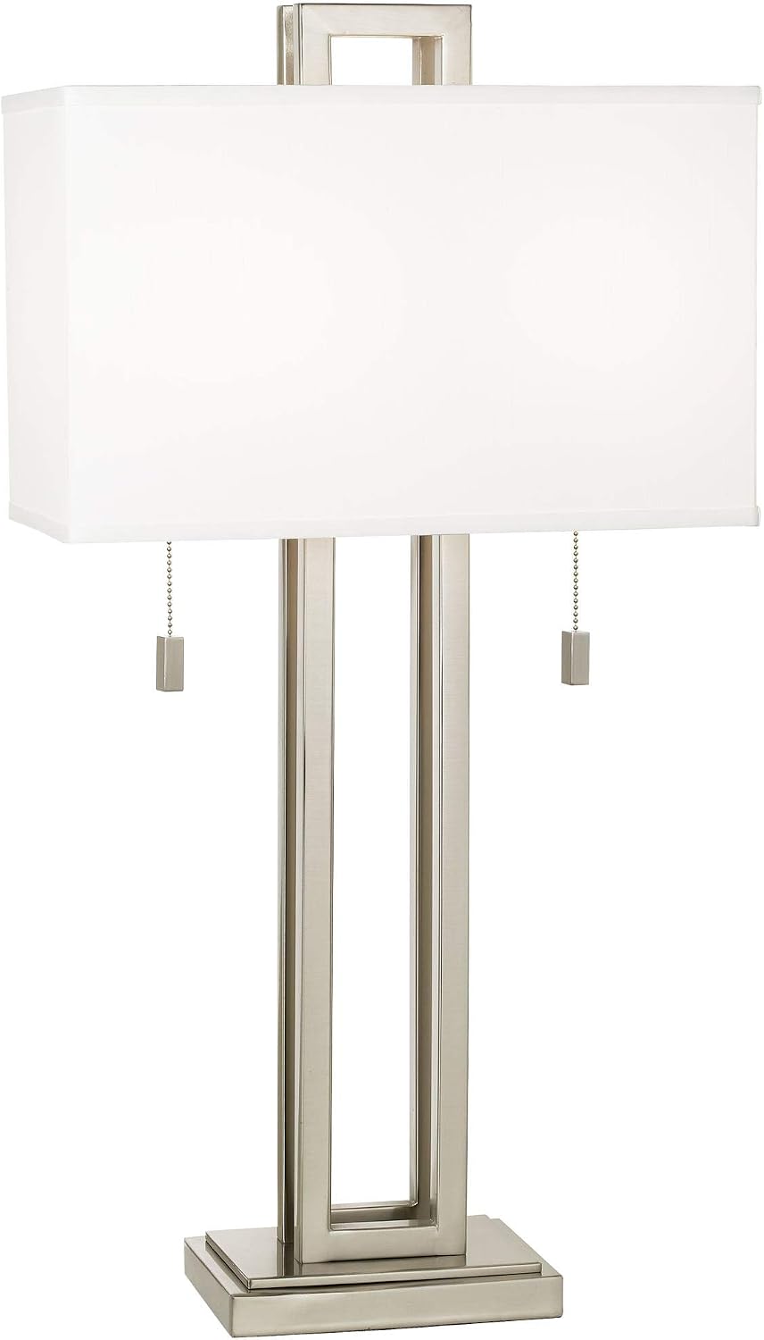 Possini Euro Design Gossard Modern Table Lamp 30' Tall Brushed Nickel Silver Open Metal White Fabric Rectangular Box Shade for Bedroom Living Room House Home Bedside Nightstand Office Family
