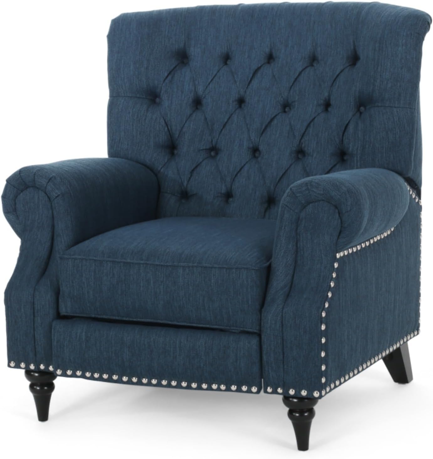 Classic Style Manual Push Back Chair with Exquisite Rivet Decor and Rolled Armrests, Ideal for Living Room Relaxation and Daily Seating (Navy Blue + Fabric)