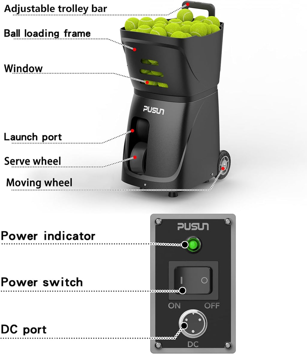 PT-SAMRT-Professional Tennis Ball Machine with App Control - 100+ Ball Capacity - 12 Training Modes - 4-6 Hours Battery Life (Black)