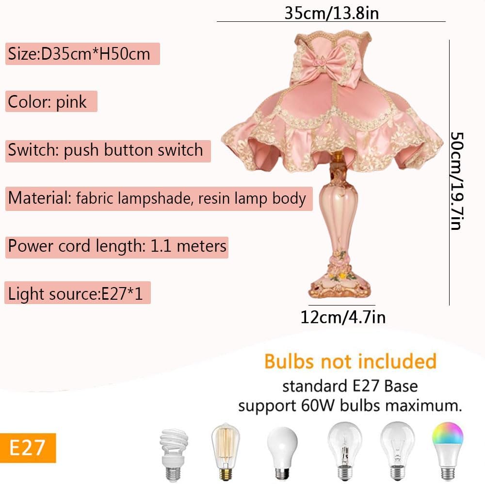 European Style Pink Table Lamp Lace Bow Fabric Drum Shade and Antique Resin Base Decor Classic Bedside Desk Nightstand Lamp for Girl's Bedroom Living Room