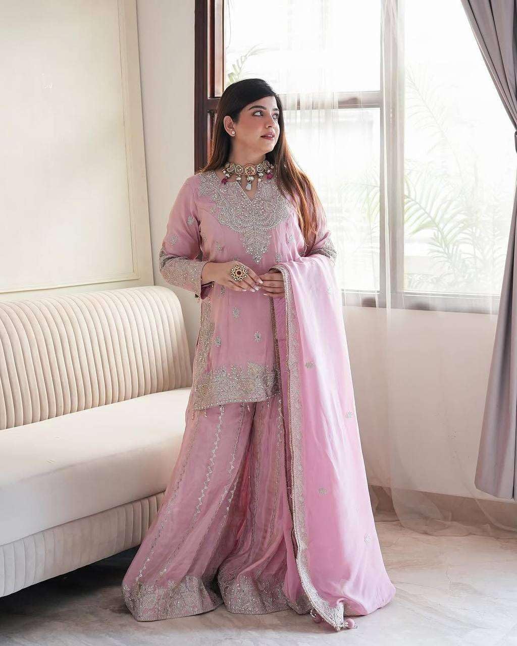 Women's Chinon Silk Embroidered Kurti With Sharara & Dupatta Set with Rivet Moti Work