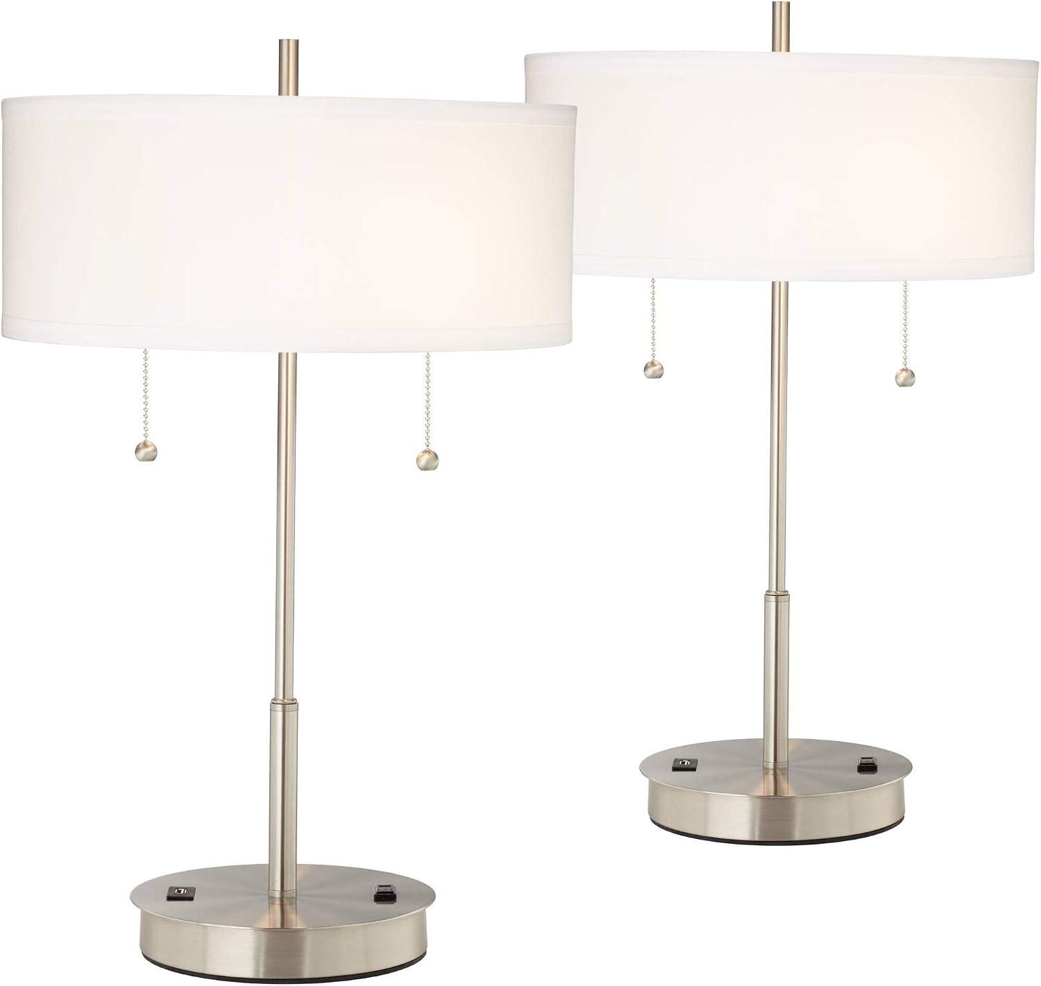 360 Lighting Nikola Modern Accent Table Lamps 23.75' High Set of 2 with Hotel Style USB and AC Power Outlet Slim Silver White Drum Shade for Living Room Desk Bedroom House Bedside Nightstand