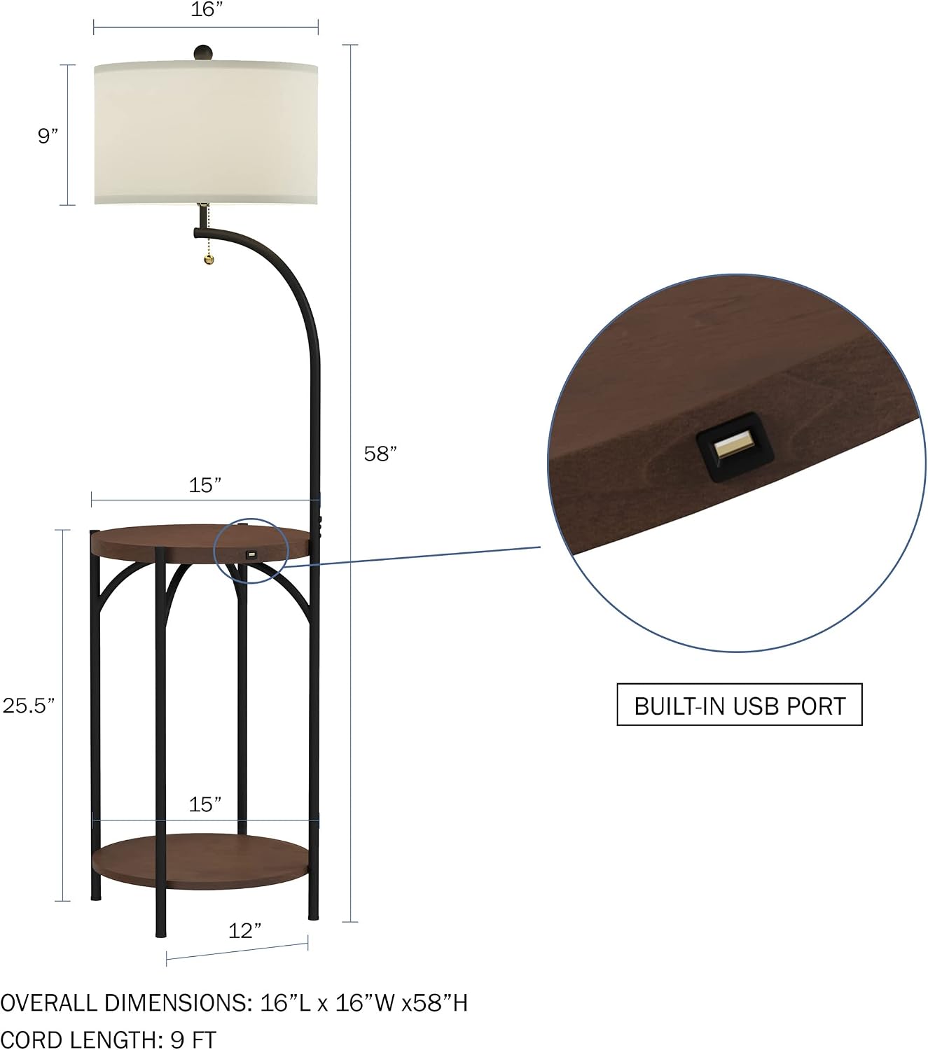 Floor Lamp with End Table - Modern Rustic Side Shelves with USB Charging Port, LED Light Bulb, and Drum-Shaped Shade - Standing Lights by Lavish Home (with Bulb)