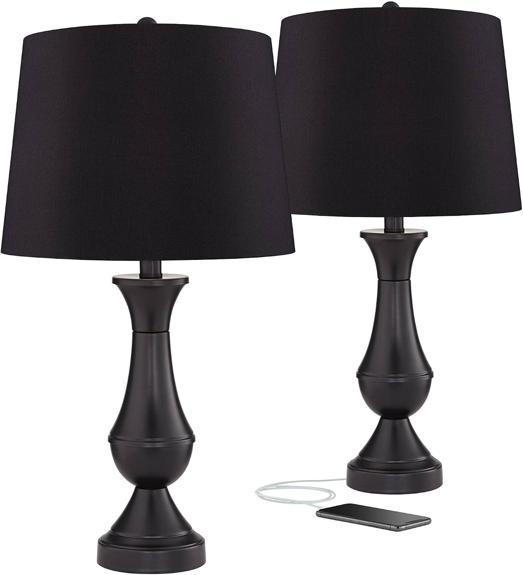 Regency Hill Traditional Table Lamps 25' Tall Set of 2 with USB Charging Port Bronze Metal LED Touch On Off Black Faux Silk Drum Shade for Bedroom Living Room House Home Desk Bedside Office