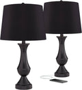 Regency Hill Traditional Table Lamps 25' Tall Set of 2 with USB Charging Port Bronze Metal LED Touch On Off Black Faux Silk Drum Shade for Bedroom Living Room House Home Desk Bedside Office
