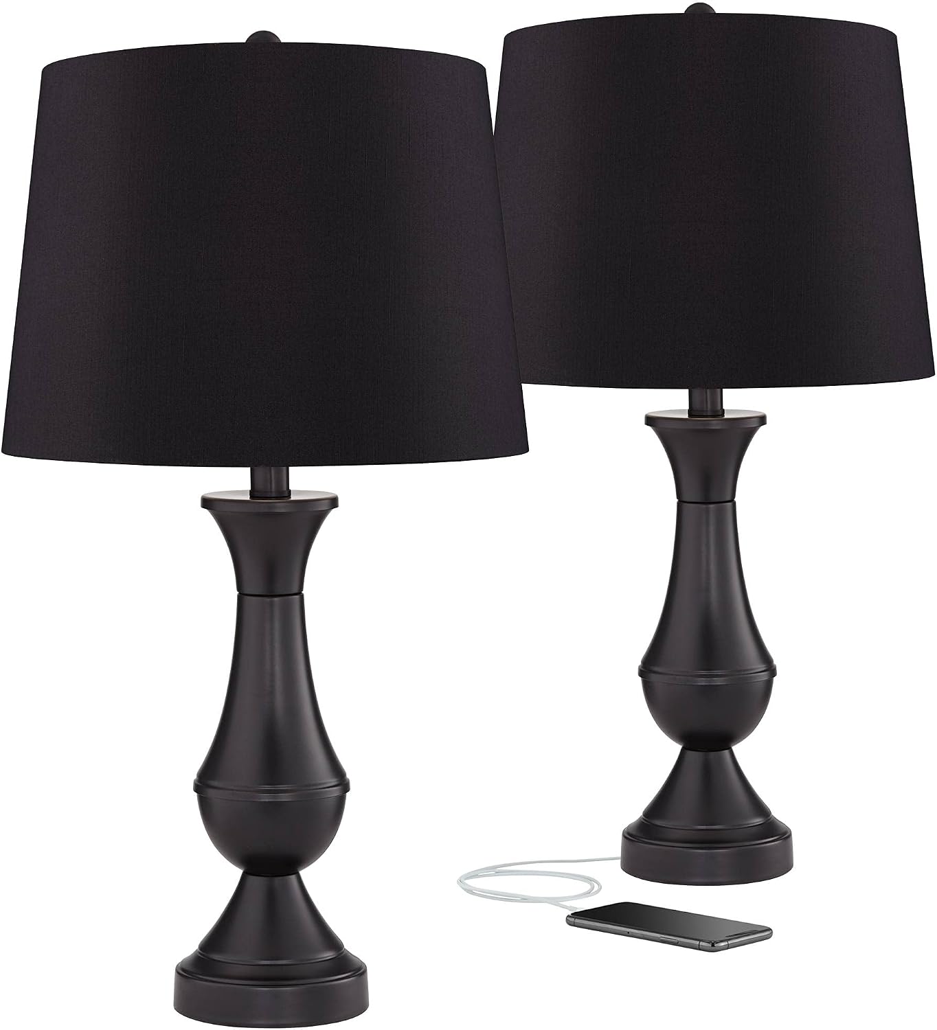 Regency Hill Traditional Table Lamps 25' Tall Set of 2 with USB Charging Port Bronze Metal LED Touch On Off Black Faux Silk Drum Shade for Bedroom Living Room House Home Desk Bedside Office
