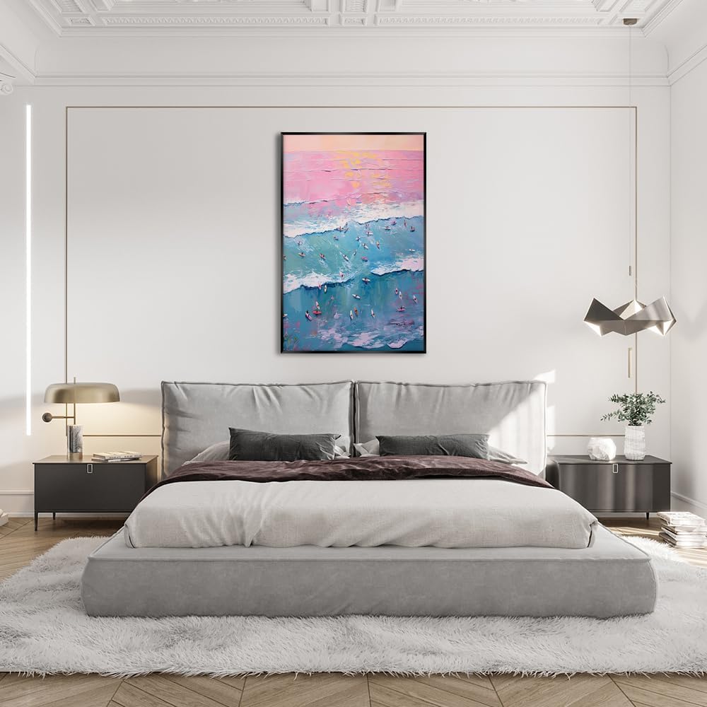 Trendy Summer Wall Art Blue Beach Poster Pink Sky Canvas Preppy Ocean Surf Print Beachy Painting Coastal Picture Aesthetic for Teen Girls Dorm Bedroom Apartment Decoration 24x36inch Metal Black Framed