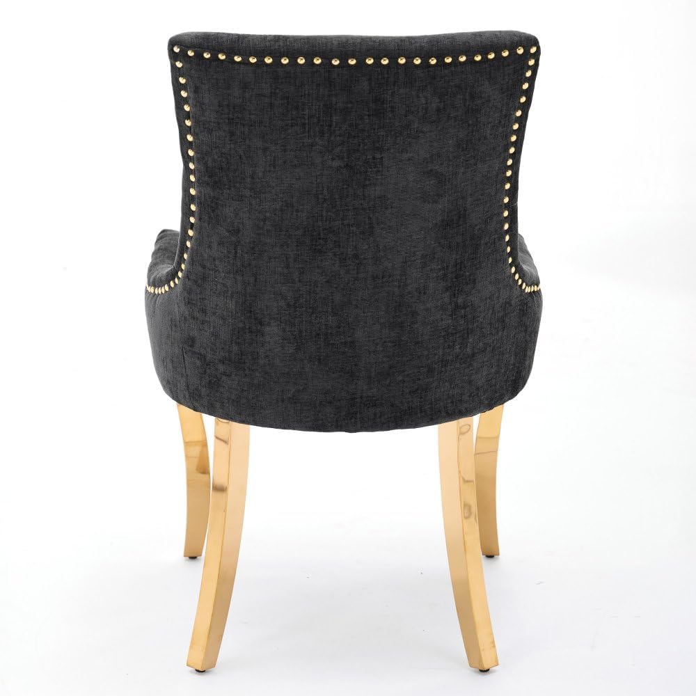 Chenille Dining Chairs Set of 2, Modern Upholstered Accent Chairs with Curved Gold-Plated Legs & Rivet Trim, Textured Fabric, One-Piece Structure for Dining/Lounge(Black + Chenille)