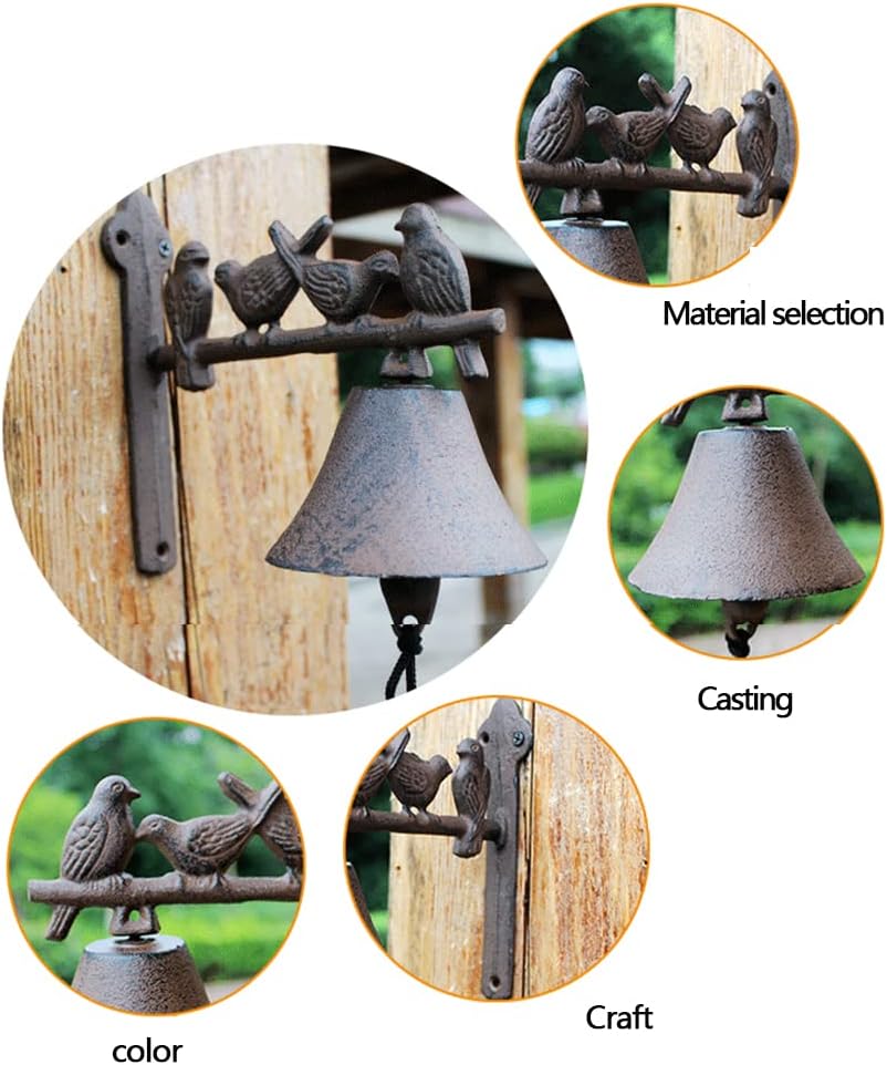 Door Bell, Decoration Bell with Bracket, Vintage Door Bell,Manual Doorbell， Cast Iron Garden Heavy Decorative Four Birds Door Decoration Bell Hanging Wall Ornaments Garden Home Wall Decoration Retro D