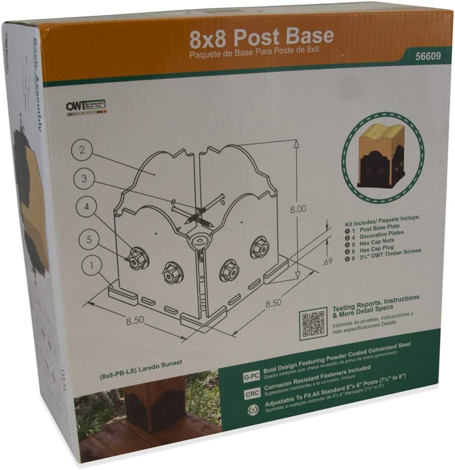 Ozco Laredo Sunset 8x8 Post Base Kit, Includes Decorative Plates, Hex Cap Nuts, OWT Timber Screws, Galvanized Steel for Pergolas | 56609
