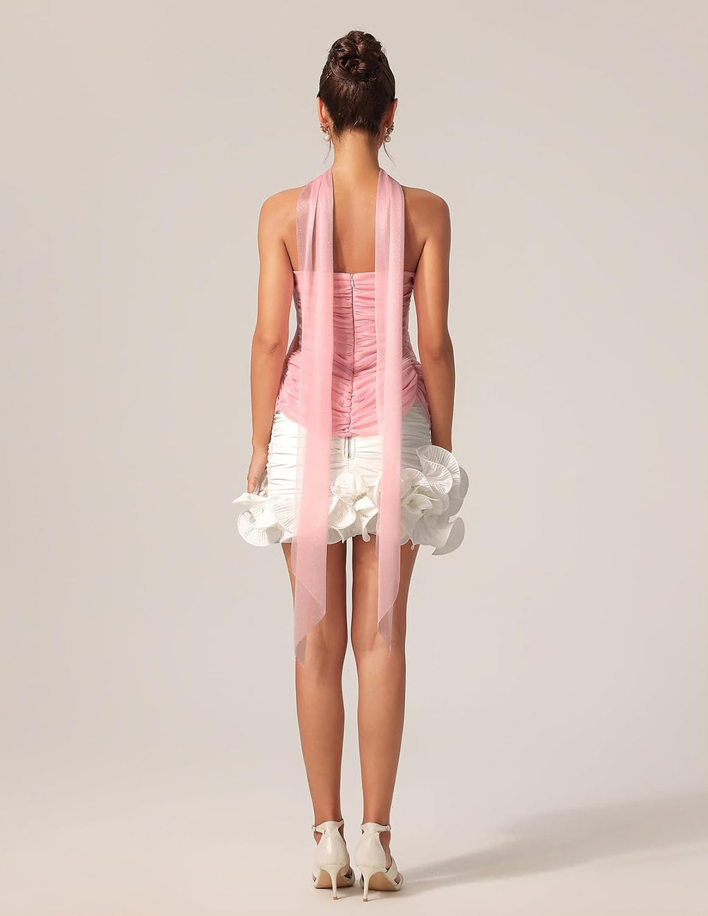 Summer Pink Strapless Sleeveless Chiffon Top Vacation Streamer Sequin Crossover Mesh Halter Ruched Top for Women