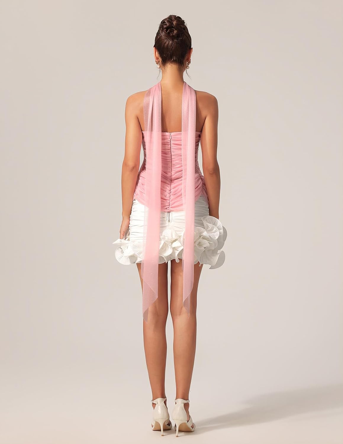 Summer Pink Strapless Sleeveless Chiffon Top Vacation Streamer Sequin Crossover Mesh Halter Ruched Top for Women