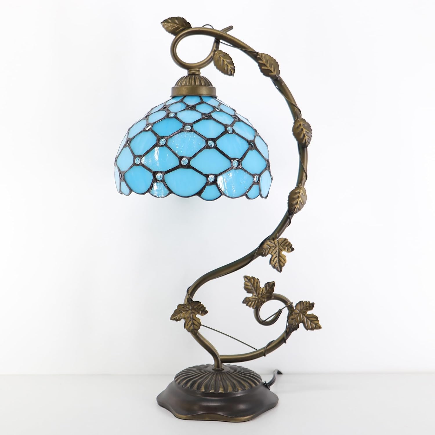 Tiffany Table Lamp, Stained Glass Desk Reading Light,Metal Leaf Table Lamp Base 8X10X21 Inches (Sea Blue Beads)