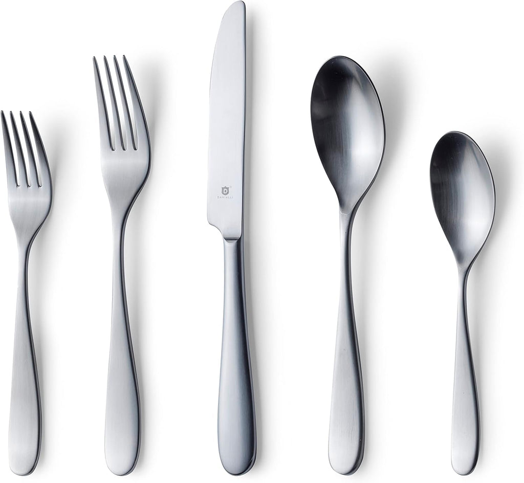 Danialli Matte Silverware Set, 18/10 Stainless Steel Satin Flatware, Modern Brushed Finish Cutlery, Dishwasher Safe & Durable, Built to Last (40-Piece, Fidenza)