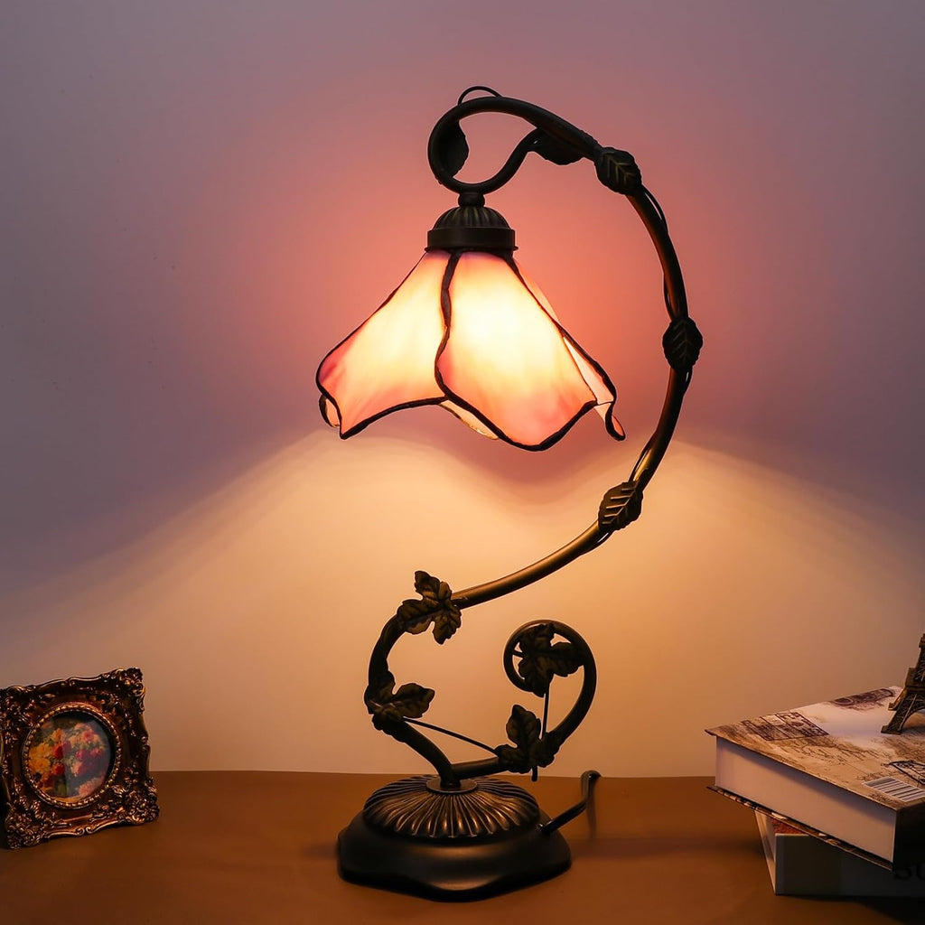 Stained Glass Table Lamp, Pink Flower Design 10x20 Inch Reading Light, 3 Color Temperature LED Bulb for Bedroom Living Room Office Decor