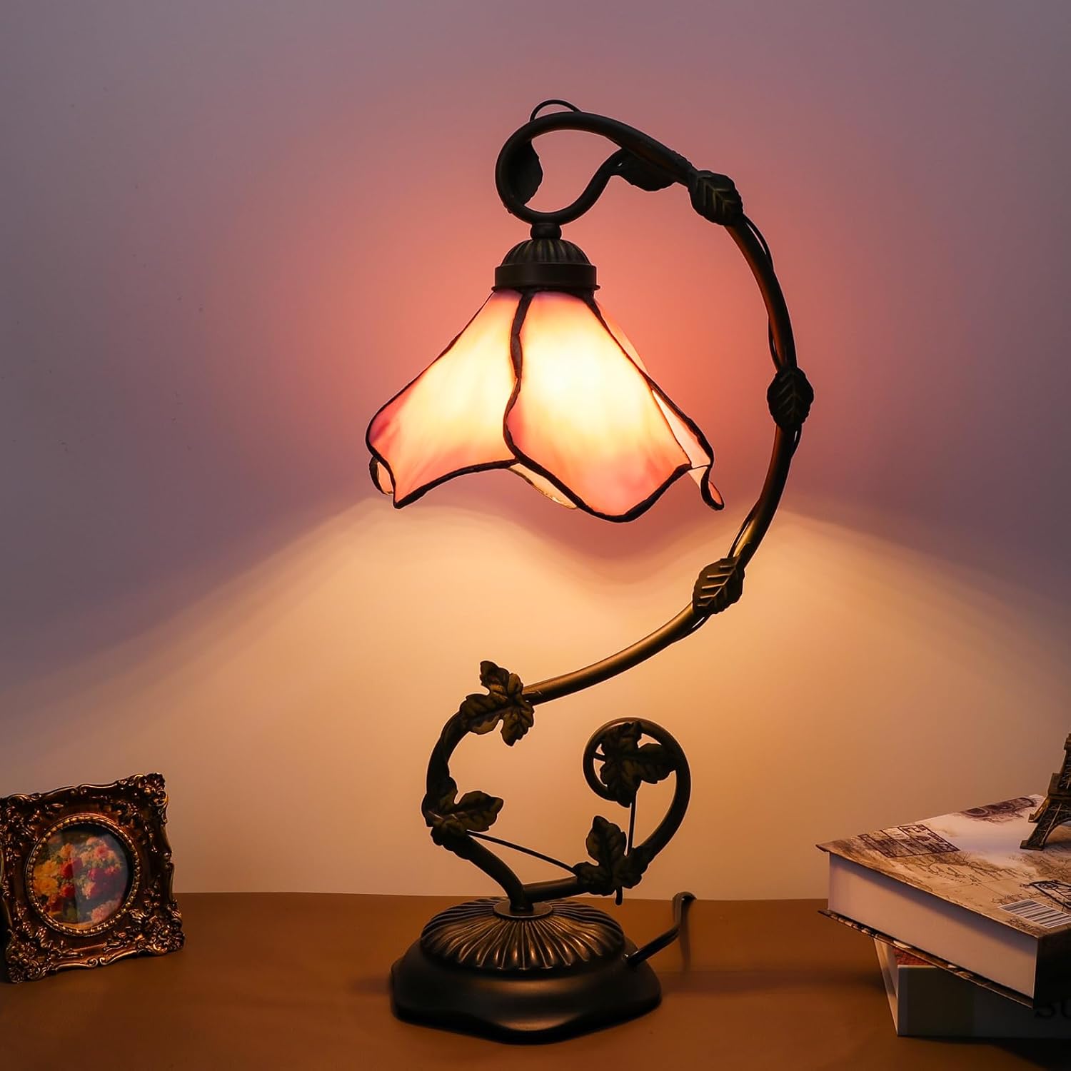 Stained Glass Table Lamp, Pink Flower Design 10x20 Inch Reading Light, 3 Color Temperature LED Bulb for Bedroom Living Room Office Decor