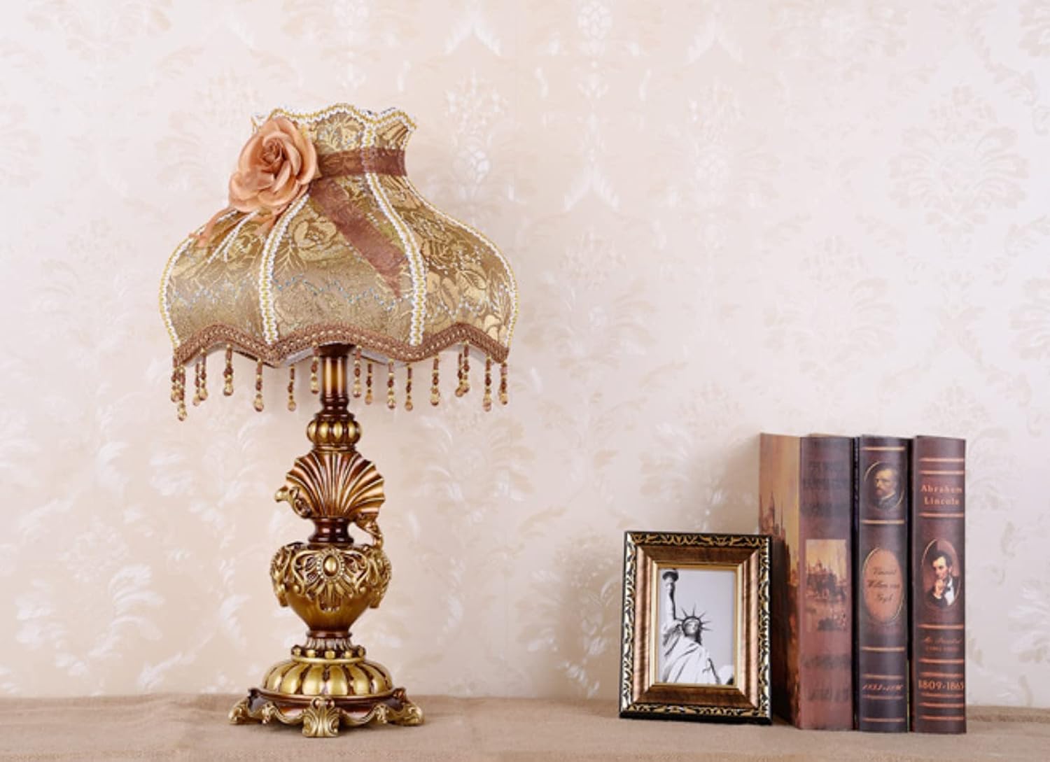 Victorian Style Table Lamp Handmade Traditional Brown Gold Lace Fabric Bedside Lamp Antique Painted Resin Base Desk Lamp for Bedroom Living Room Office, 13' W, 21.6' H. (B1)
