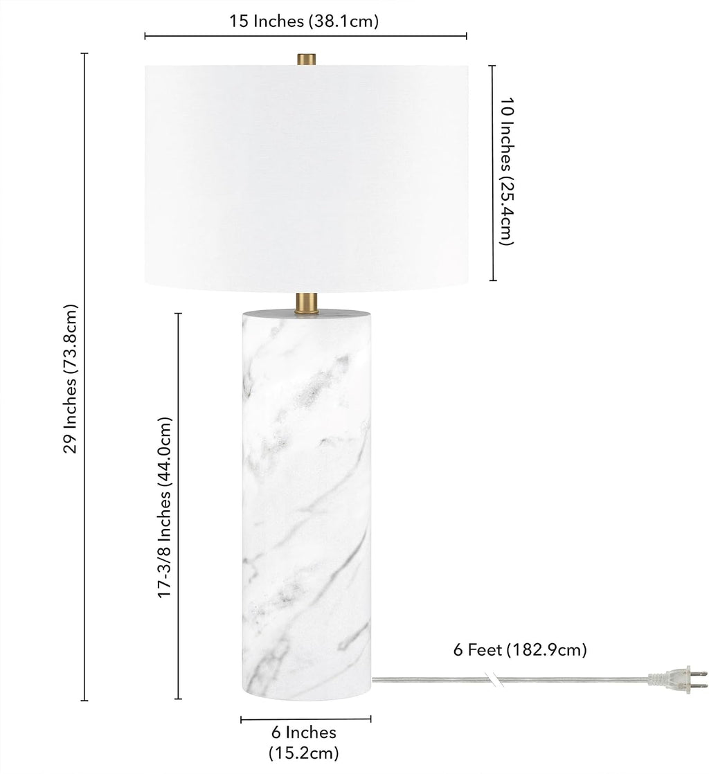 Henn&Hart 29.5' Glam 1-Light Table Lamp with White Fabric Drum Shade for Living Room, Bedroom, or Office, Carrara/Gold