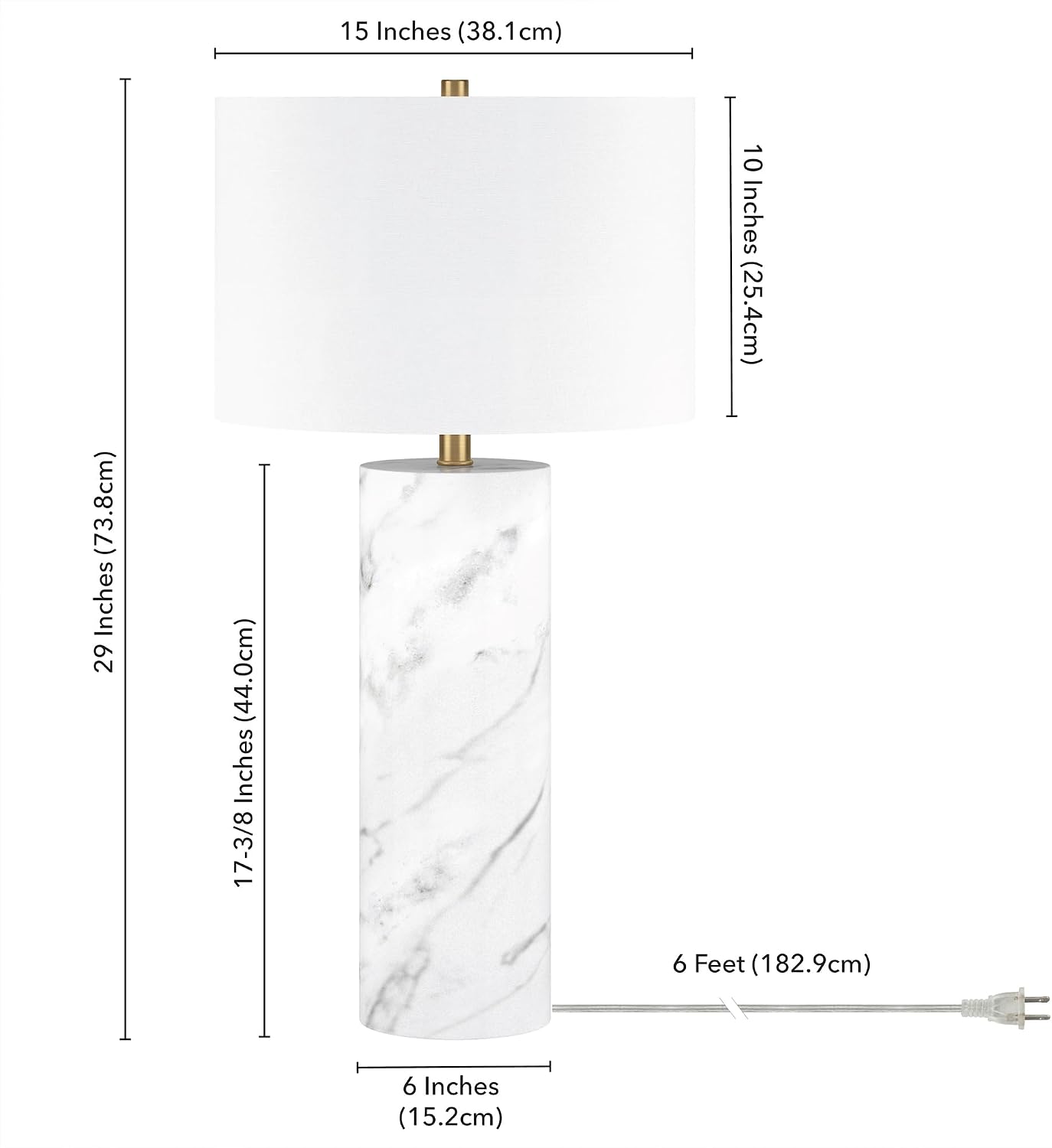 Henn&Hart 29.5' Glam 1-Light Table Lamp with White Fabric Drum Shade for Living Room, Bedroom, or Office, Carrara/Gold