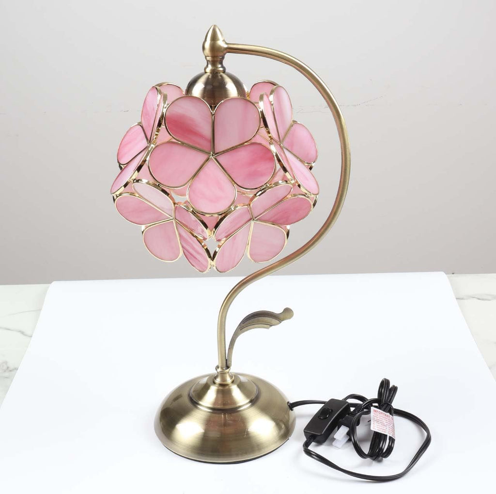 Bieye L10732 Tiffany Style Stained Glass Flower Petal Table Lamp with Brass Base for Home Décor (Pink, 8' Cherry Blossom)