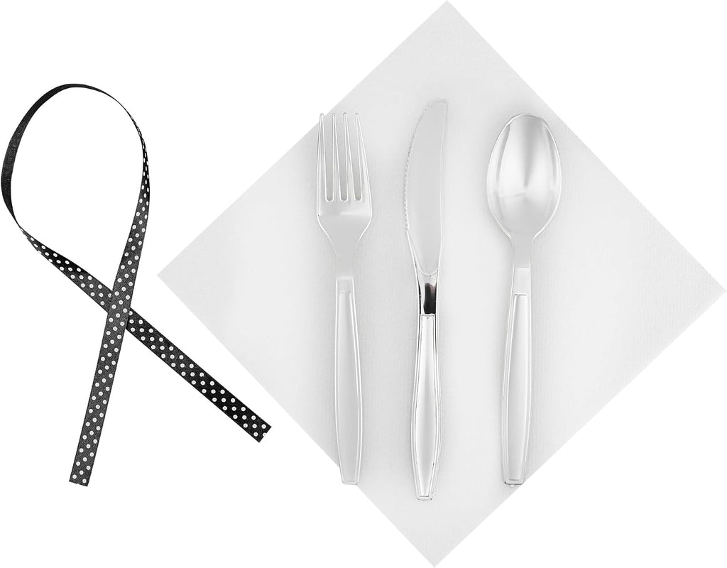 Restaurantware-7.3 Inch x 2 Inch Plastic Cutlery Sets, 100 Flatware Sets - Polka Dot Ribbon, With White Napkin, Individually Wrapped, Silver Plastic Disposable Cutlery Sets, For Weddings And Events